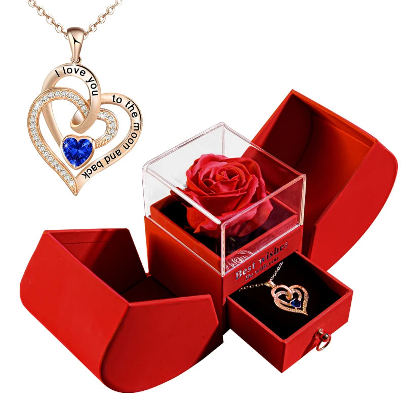 Gift for Women Eternal Rose Gift Box /W Heart Shiny Diamond Necklace Pendant Jewelry Box Set for Wedding Birthday Gift