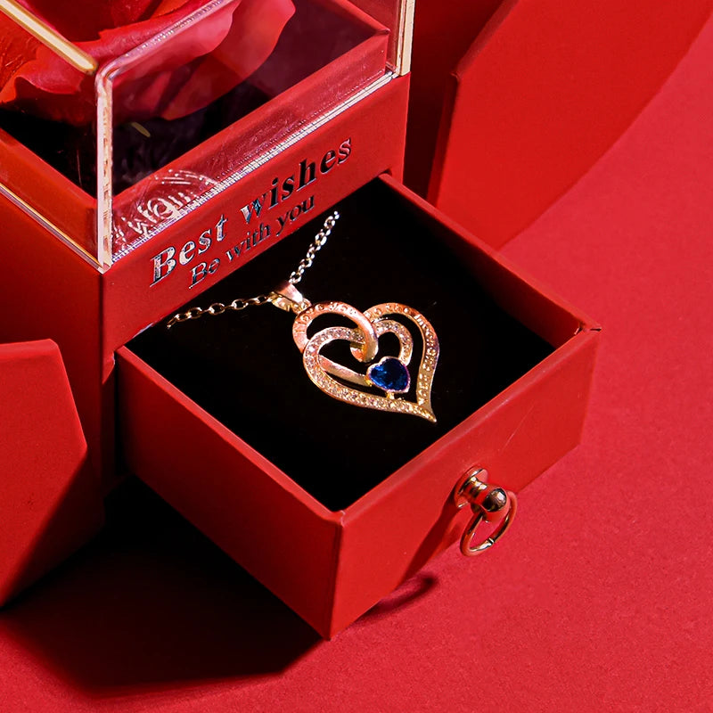 Gift for Women Eternal Rose Gift Box /W Heart Shiny Diamond Necklace Pendant Jewelry Box Set for Wedding Birthday Gift