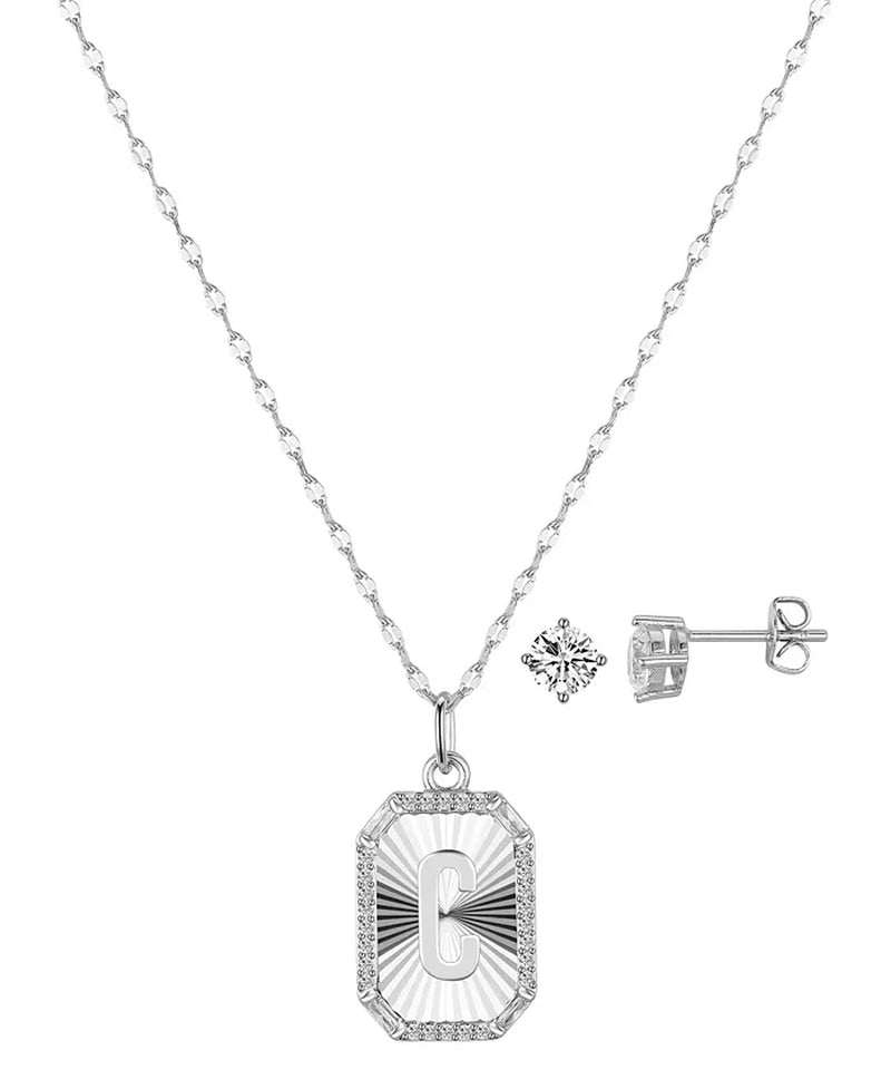 Cubic Zirconia Initial Pendant Necklace and Stud Earring Set