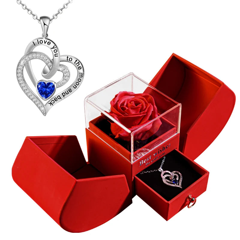 Gift for Women Eternal Rose Gift Box /W Heart Necklace I Love You to the Moon and Back Flower Jewelry Box for Valentine Wedding