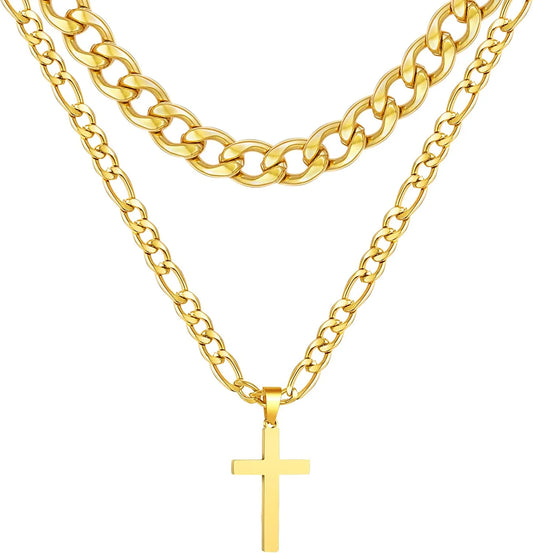 Layered Gold Cross Necklace for Men Stainless Steel Cuban Figaro Layering Chains Cross Pendant Necklaces Set Religious Christian Jewelry Gifts(Gold)