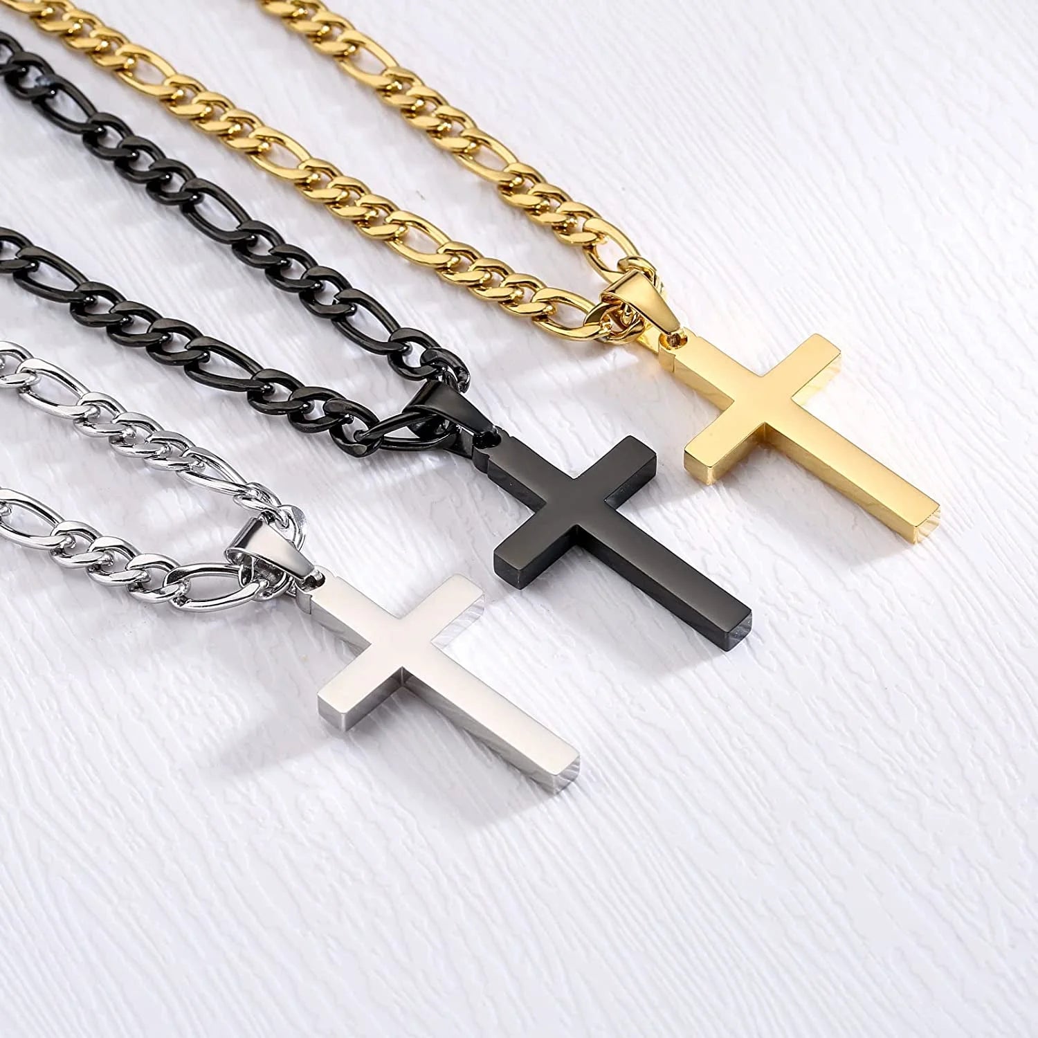 Layered Gold Cross Necklace for Men Stainless Steel Cuban Figaro Layering Chains Cross Pendant Necklaces Set Religious Christian Jewelry Gifts(Gold)