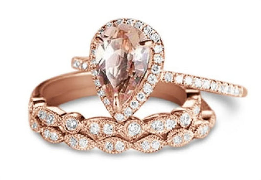 1.75 Carat Pear Cut Lab Created Morganite Art Deco Trio Bridal Set in 18K Rose Gold over Silver