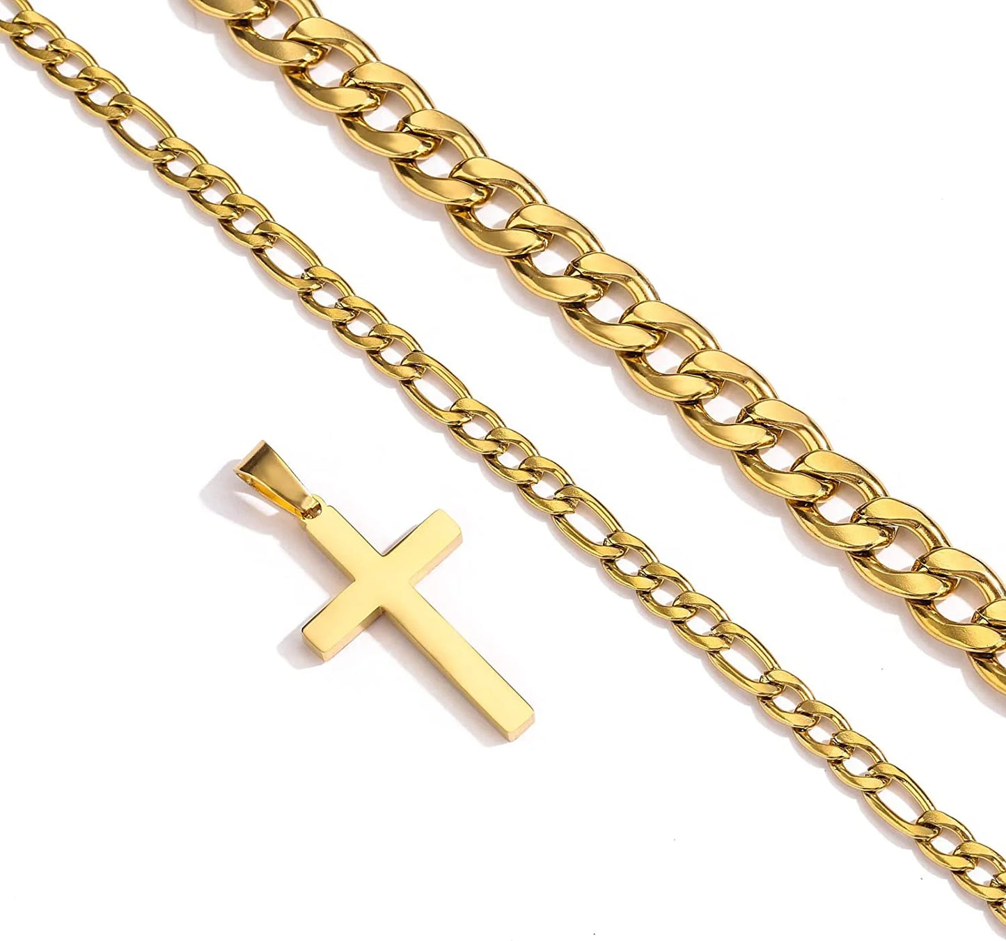 Layered Gold Cross Necklace for Men Stainless Steel Cuban Figaro Layering Chains Cross Pendant Necklaces Set Religious Christian Jewelry Gifts(Gold)