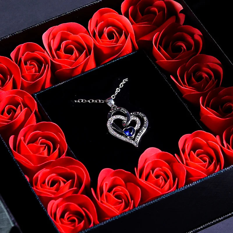 Eternal Flower Jewelry Box W Blue Crystal Heart Necklace Pendant Soap Rose Gift Box Wedding Jewelry Gift for Women Girfriend Mom