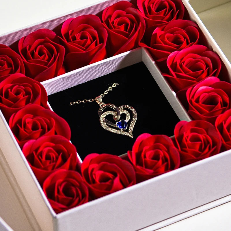 Eternal Flower Jewelry Box W Blue Crystal Heart Necklace Pendant Soap Rose Gift Box Wedding Jewelry Gift for Women Girfriend Mom